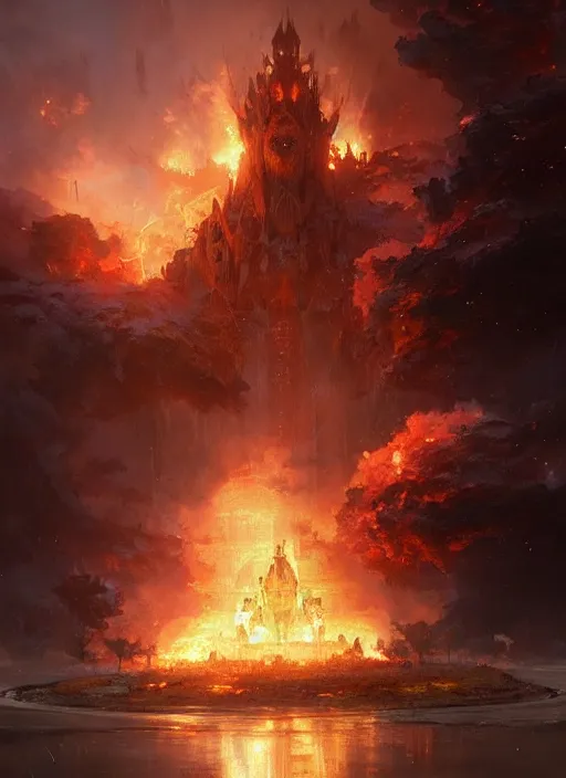 Image similar to 4k fire spell , art by greg rutkowski, art by craig mullins, art by thomas kincade, art by Yoshitaka Amano