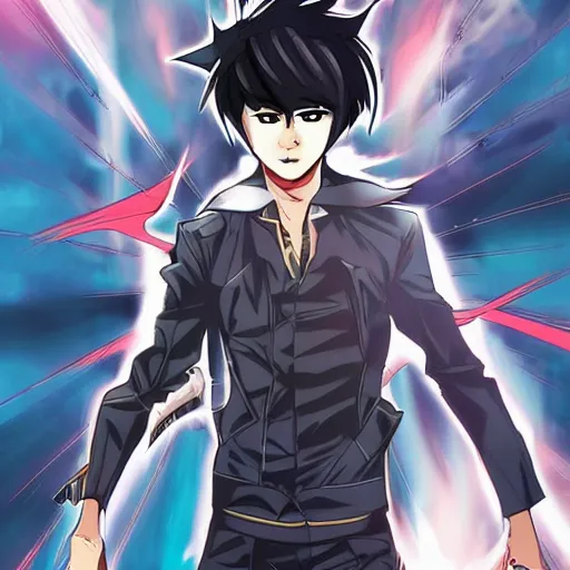 Prompt: kazuma from s - cry - ed in an action webtoon looking like an awesome solo leveling character, full color manga, comic book page, webtoon page 3