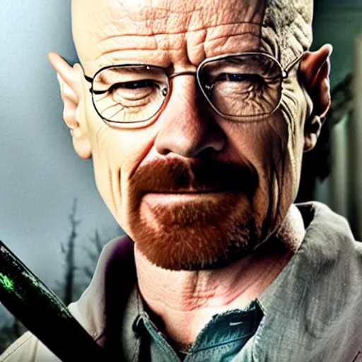 Prompt: Breaking Bad Walter White smiling while holding a baseball bat