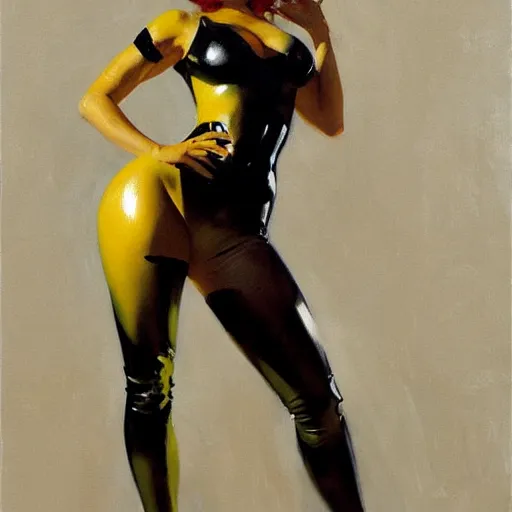 Prompt: greg manchess painting of of a female wearing a latex suit, painting, trending on artstation, by huang guangjian and gil elvgren and sachin teng