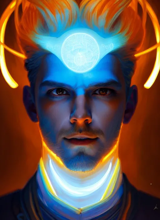 Image similar to symmetry!! portrait of man with blue flaming hair, sci - fi, glowing lights!! intricate, elegant, highly detailed, digital painting, artstation, concept art, smooth, sharp focus, illustration, art by artgerm and greg rutkowski and alphonse mucha,