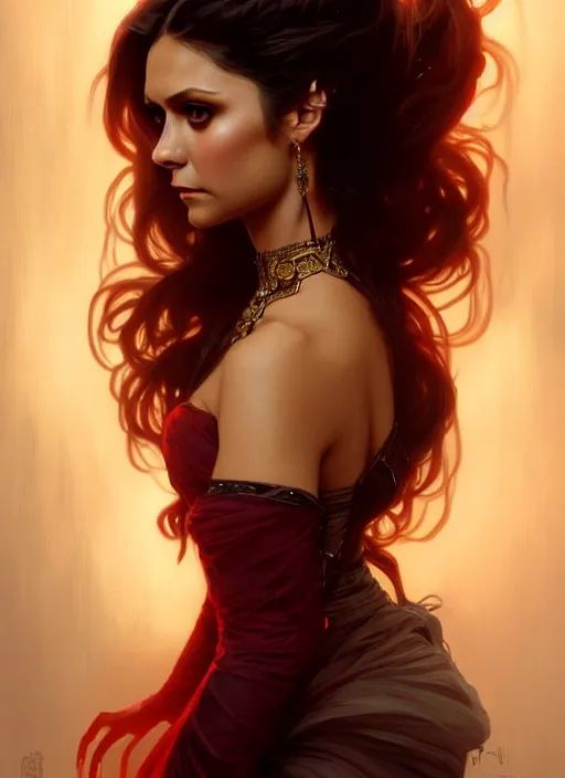 Image similar to portrait of nina dobrev as a sultry vampire queen, jewelry, greek, ruby, intricate, headshot, highly detailed, digital painting, artstation, concept art, sharp focus, cinematic lighting, illustration, art by artgerm and greg rutkowski, alphonse mucha, cgsociety