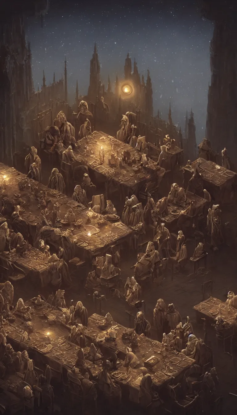 Image similar to A meeting of the council of elders, robed figures sat around a table, beautiful architecture, night time, stars visible, beautiful moon light, concept art, fantasy art, digital art by michal karcz, trending on artstation, highly detailed, 8k