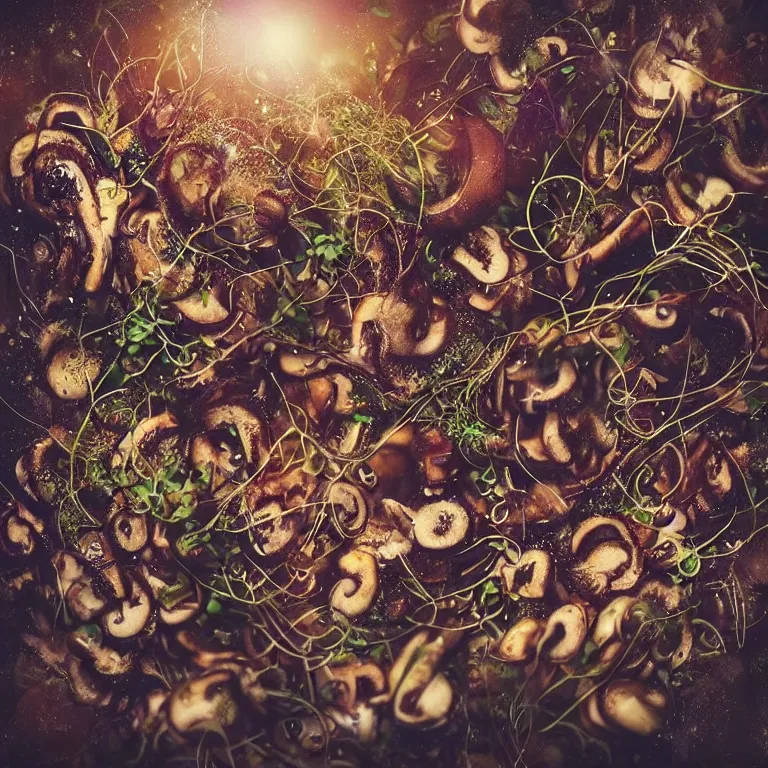 Image similar to double exposure of dally life, symbols of live, explosion, different sprouts and microgreens on mushrooms, cyber mushroom city, mushroom matrix, love is the most relevant theme, 8 k resolution, artistic mode, artistic, trending on instagram, long exposure, love art, serious, fantasy and dreams vibes, mushrooms style and macro style, spring vibes in twilight or sunset lights