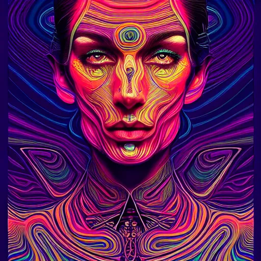 Image similar to An extremely psychedelic portrait, surreal, LSD, face, detailed, intricate, elegant, lithe, highly detailed, digital painting, artstation, concept art, smooth, sharp focus, illustration, art by Kilian Eng