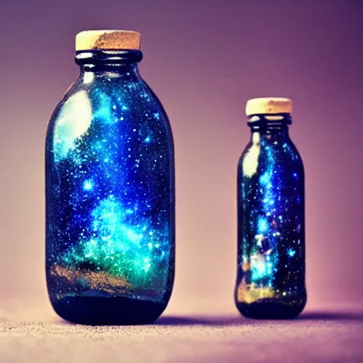 Prompt: A glass bottle with a galaxy inside of it.