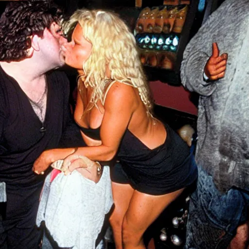 Image similar to Hagrid kissing Pamela Anderson at a dive bar award winning photography