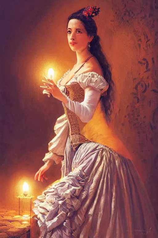 Image similar to rosalia vila i tobella, the singer rosalia, highly detailed, spanish princess, flamenco dancer, highly detailed, digital painting, night scene, 1 8 th century barcelona courtyard, trending on artstation, concept art, sharp focus, illustration, art by artgerm and greg rutkowski and magali villeneuve