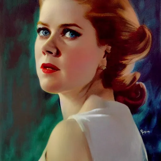 Image similar to ultra realistic portrait painting of amy adams in a 6 0 s ad for soda, art by frank frazetta, 4 k, ultra realistic, highly detailed, epic lighting