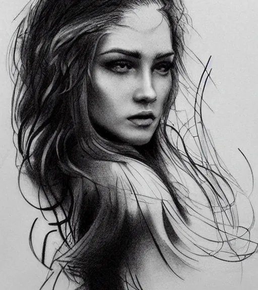 Image similar to tattoo design sketch of a perfect woman face with a faded background of beautiful mountains and nature on her side, hyper - realistic, in the style of den yakovlev, amazing detail, black and white