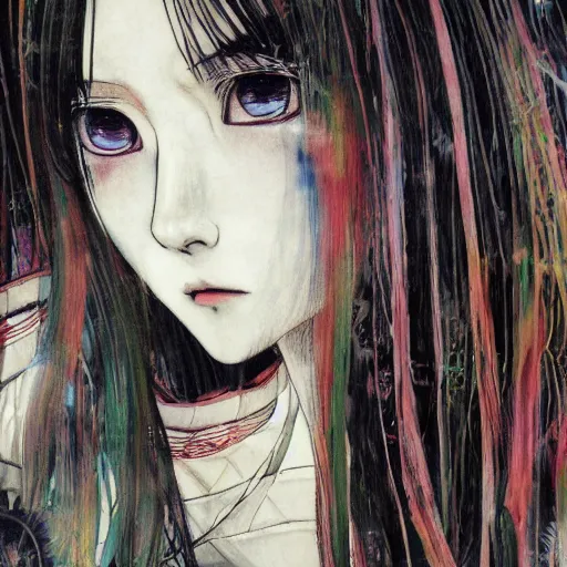 Prompt: yoshitaka amano realistic illustration of an anime girl with black eyes and long wavy white hair wearing dress suit with tie and surrounded by abstract junji ito style patterns in the background, subtle color palette, blurry and dreamy illustration, noisy film grain effect, highly detailed, oil painting with expressive brush strokes, weird camera angle, three quarter view portrait