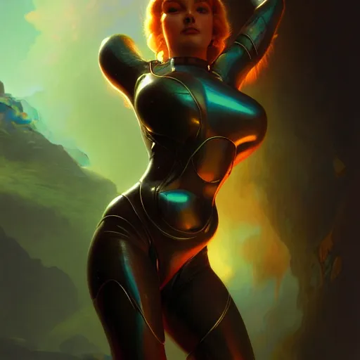 Image similar to of Samus Aran, dark fantasy, medium shot, intricate, elegant, highly detailed, digital painting, volumetric light, artstation, concept art, smooth, sharp focus, illustration, art by Gil Elvgren and Greg Rutkowski and Alphonse Mucha