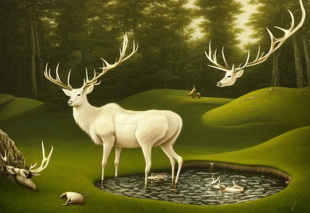 Prompt: hyper detailed 3d render like a Oil painting - white stag drinking from a small pool in a peaceful lush meadow, by Jacek Yerka, Mariusz Lewandowski, Houdini algorithmic generative render, Abstract brush strokes, Masterpiece, Edward Hopper and James Gilleard, Zdzislaw Beksinski, Mark Ryden, Wolfgang Lettl, hints of Yayoi Kasuma, octane render, 8k