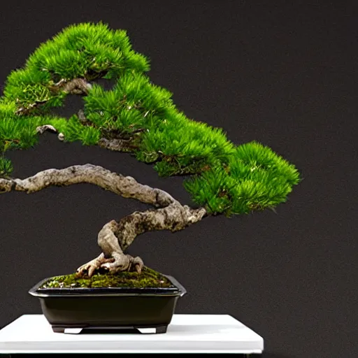 Image similar to bonsai tree, cyprus, in a black pot with white background, viewed from 35 degrees, detailed matte painting