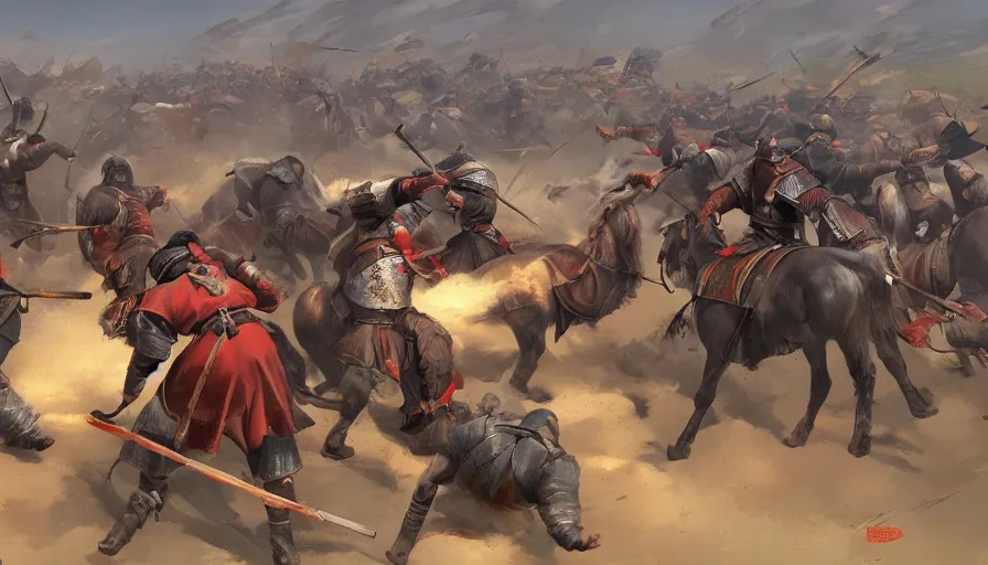 Image similar to fight between and mongols and chinese, artstation