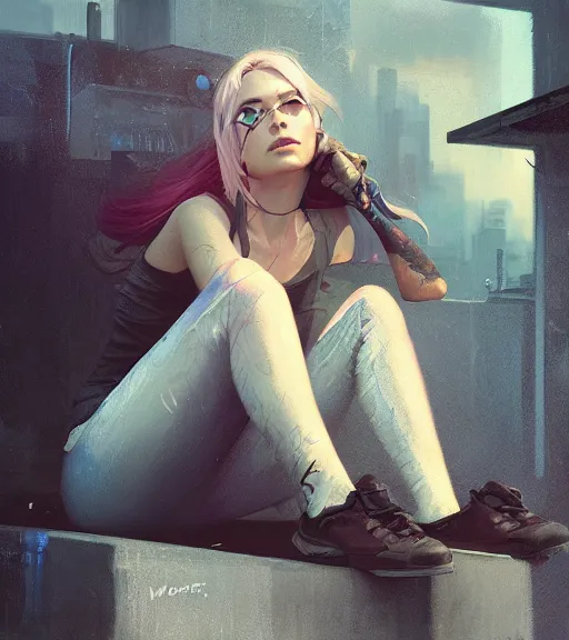 Prompt: girl sitting on a rooftop, cyberpunk, medium shot, realistic detailed face, by charlie bowater, by wlop, by jeremy lipking, expressive oil painting, portrait, digital art, photorealistic model shoot