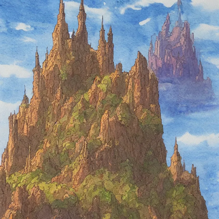 Image similar to a watercolor painting of a castle in the style of jean giraud in the style of moebius trending on artstation deviantart pinterest detailed realistic hd 8 k high resolution