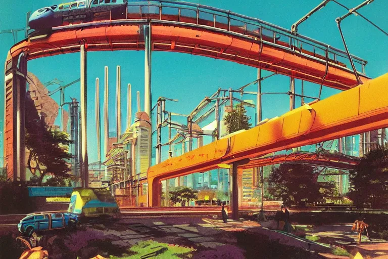 Prompt: 1 9 7 9 omni magazine cover of train bridge going above a park in osaka. cyberpunk style by vincent di fate