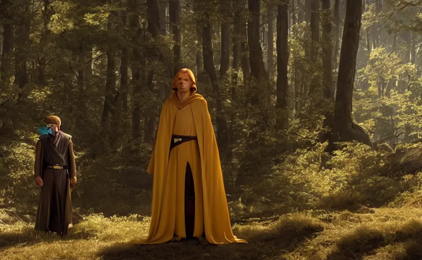 Prompt: cinematic still image screenshot two shot / of luke skywalker in yellow cape / talking to ahsoka tano is listening / mara jade stands by / dramatic scene from force awakens crisp 4 k 7 0 mm imax, moody iconic scene, directed by jj abrams, beautiful glowing backlit, forest pink fog planet