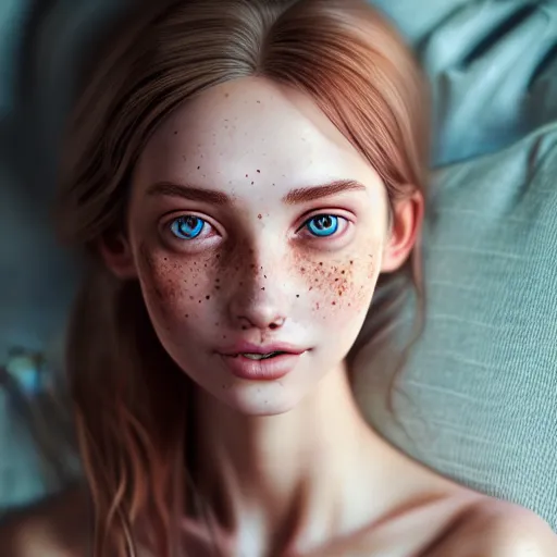 Image similar to portrait of a cute thin young woman, red blush, light freckles, soft smile, casual clothes, relaxing on the couch, home interior, golden hour, close up shot, 8 k, art by irakli nadar, hyperrealism, hyperdetailed, ultra realistic