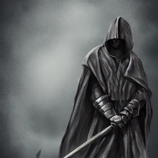 Prompt: a man in a grey cloak holding his black spear up to the sky, Digital art