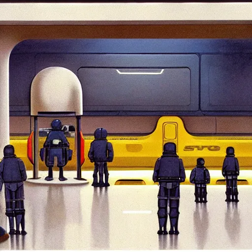 Image similar to ralph mcquarrie concept art of a futuristic mcdonalds. a space station is seen off in the distance with various droids and people walking in the foreground. a trooper is seen holding a brown mcdonalds bag.