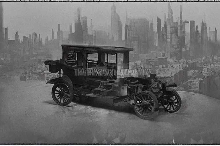 Prompt: cyberpunk new 1 9 0 8 model ford t by paul lehr, metropolis, view over city, vintage film photo, scratched photo, scanned in, old photobook, silent movie, black and white photo