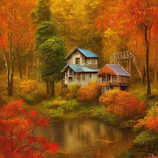 Prompt: a village full of tree houses nestled in a forest, golden hour, autumn leaves, realistic high quality art digital art