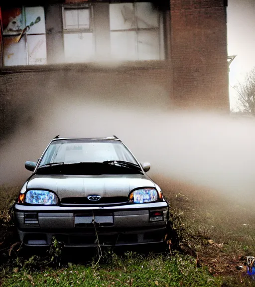 Prompt: crashed 1993 subaru impreza, abandoned in a derelict alleyway, fog, rural, damage, graffiti