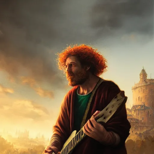 Image similar to a rugged man with curly red hair wearing a green cloak playing a guitar sitting on a roof top, medieval setting, entire city visible, zoomed out, atmospheric lighting, painted, intricate, volumetric lighting, beautiful, rich deep colours masterpiece, golden hour, digital art, by leesha hannigan, ross tran, thierry doizon, kai carpenter, ignacio fernandez rios