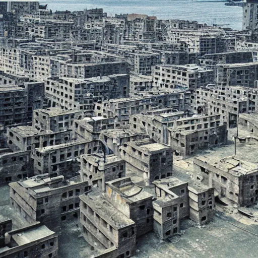 Image similar to brutalist city, prison city, totalitarian prison island, hashima island, rundown buildings, military buildings, prison complex, colorized 1 6 mm photo
