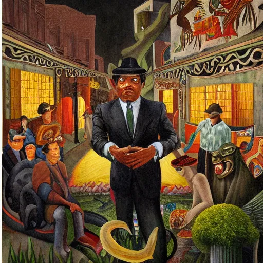 Prompt: high quality, high detail painting, dutch masterpiece, darryl mccray, film noir, diego rivera, high garden scene with quetzalcoatl at night, hd, muted lighting