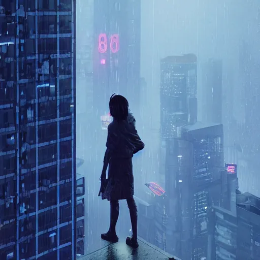 Image similar to a woman standing on the top of a building in a cyberpunk city, nighttime, raining, intricate artwork by Tooth Wu and wlop and beeple, octane render, hyper realism, 8k