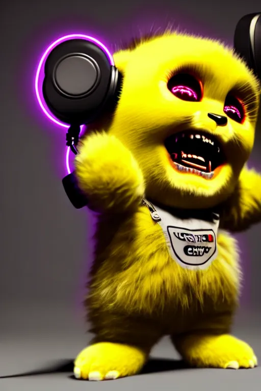 Image similar to high quality 3 d render neo - cyberpunk very cute fluffy! screaming chucky doll!! cyborg with headphones, mechanical paw, highly detailed, unreal engine cinematic smooth, in the style of detective pikachu, hannah yata charlie immer, neon purple light, low angle, uhd 8 k, sharp focus