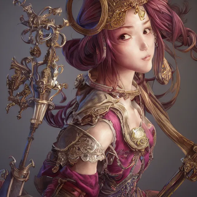 Image similar to studio portrait of neutral good colorful female cleric bard healer as absurdly beautiful, elegant, young skinny gravure idol, ultrafine hyperdetailed face illustration by kim jung gi, irakli nadar, intricate linework, sharp deep focus, bright colors, octopath traveler, final fantasy, unreal engine highly rendered, global illumination, radiant light, detailed and intricate environment