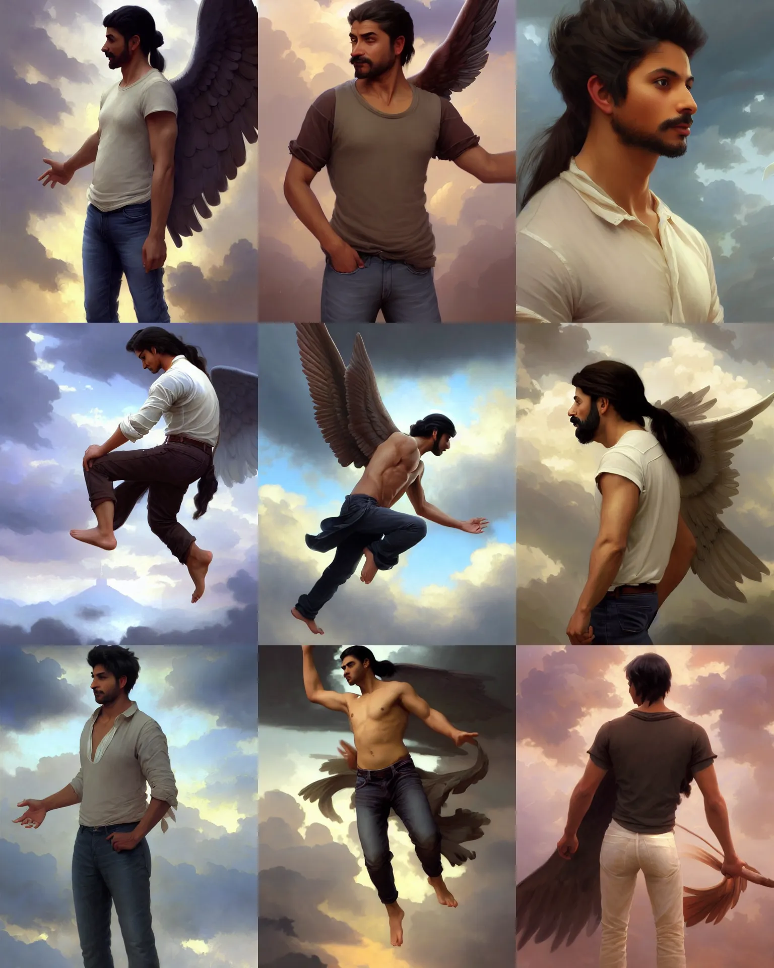 Prompt: handsome male angel, Indian ethnicity. Smooth brown, hair in a ponytail. Shirt, jeans and barefoot. Angel flying in a stormy sky. Distant full-body view. Digital painting, concept art, smooth, sharp focus, illustration, by Ruan Jia and Mandy Jurgens and Artgerm and William-Adolphe Bouguereau