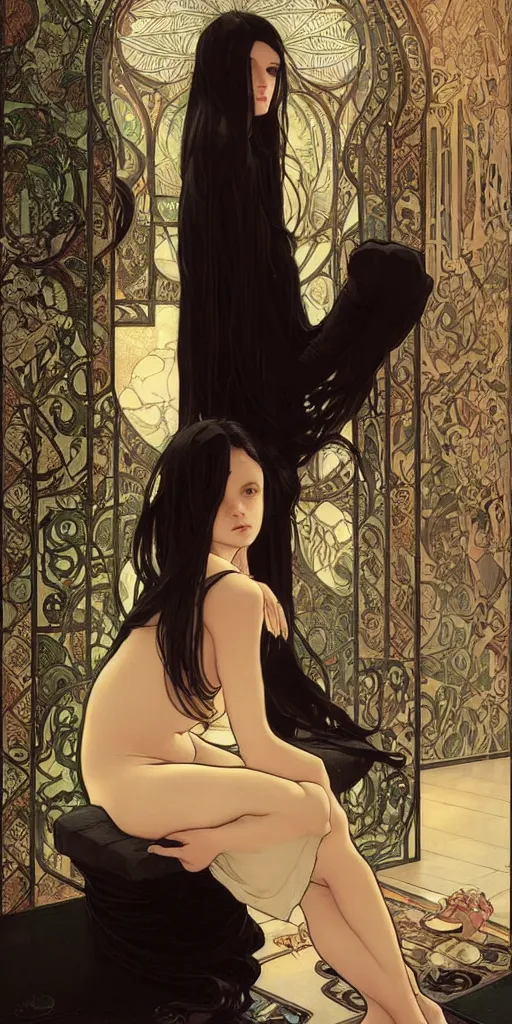 Image similar to a lonely young girl with straight long black hair wearing black dress that sitting on bathroom floor, art by artgem, greg rutkowski and alphonse mucha