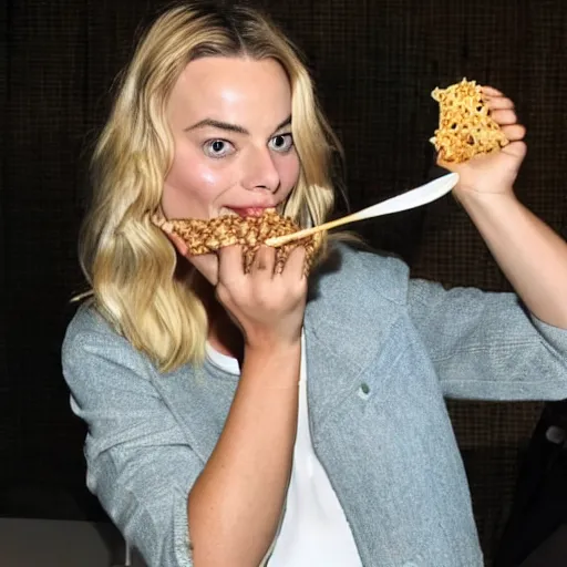 Prompt: margot robbie eating beans from a can