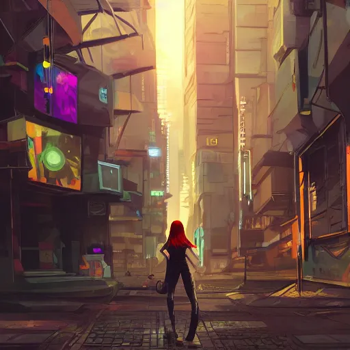 Image similar to a girl walking in cyberpunk street, artstation, professional