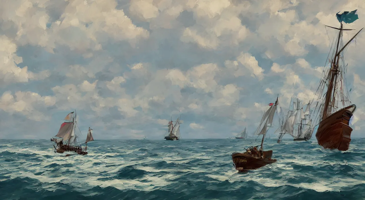 Image similar to havanese dog sailing on top of a barquentine from 1 9 0 0, looking out to the see, leaving the port at havana, 1 9 0 0, tartakovsky, atey ghailan, goro fujita, studio ghibli, rim light, mid morning lighting, clear focus, very coherent