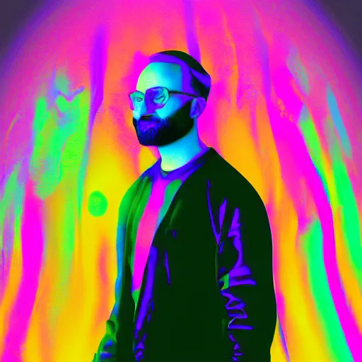 Image similar to michael stevens portrait, vaporwave, digital art