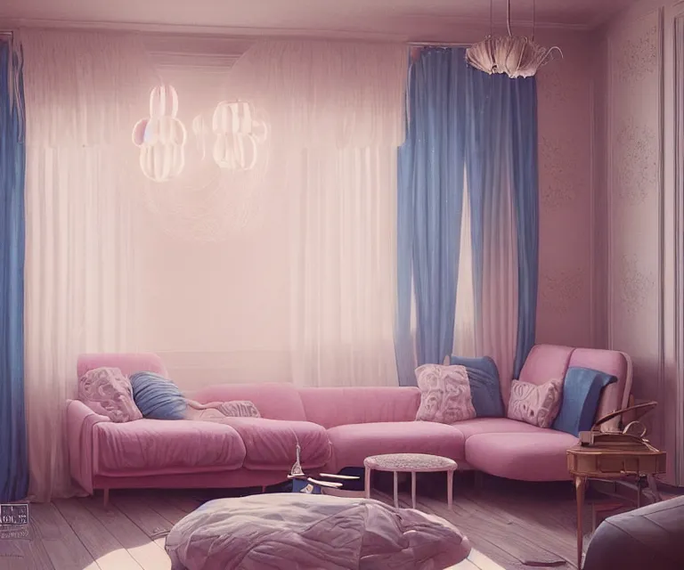 Image similar to 1 9 8 0 s living room by charlie bowater and anna dittmann and artgerm and clemens ascher, intricate, elegant, beige and blue and pink mist, highly detailed, dramatic lighting, sharp focus, octane render, trending on artstation, artstationhd, artstationhq, unreal engine, 4 k, 8 k