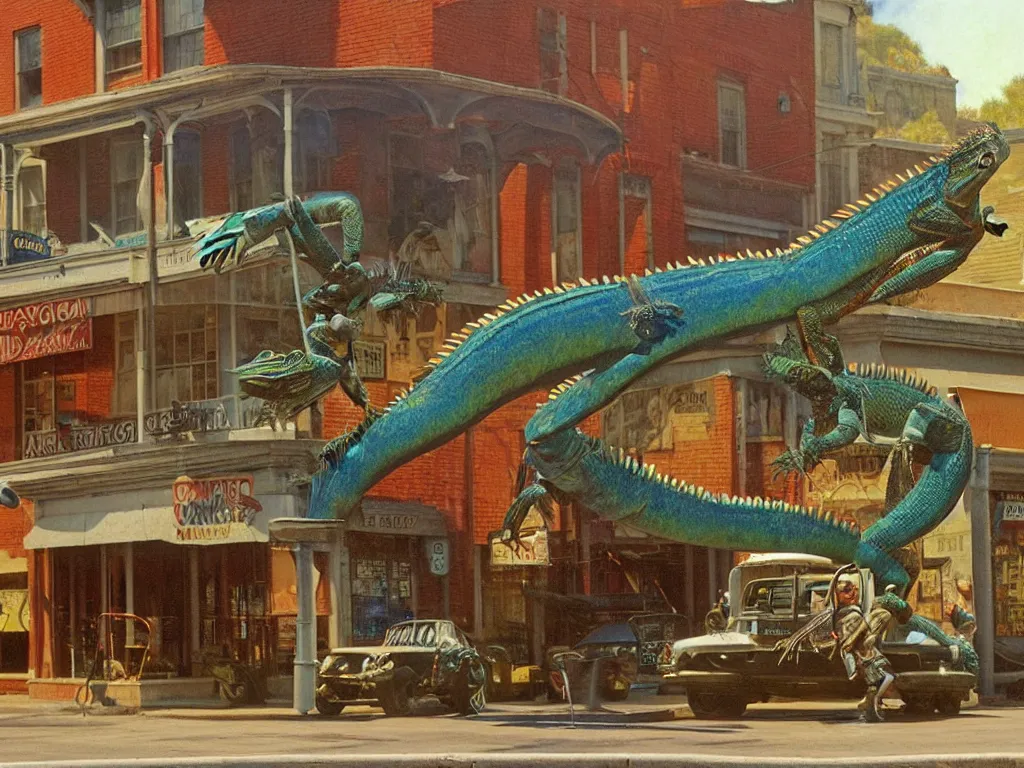 Image similar to Giant Water Dragon Iguana Bot on Main Street in a Small American Town, by Bob Eggleton and Edward Hopper and Alejandro Burdisio