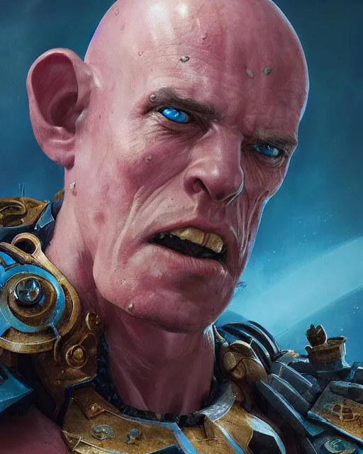 Image similar to hyper realistic portrait of warhammer android head, cinematic, chaos marine, tzeentch, artstation, cgsociety, full head and shoulders, greg rutkowski, james gurney, mignola, craig mullins, brom