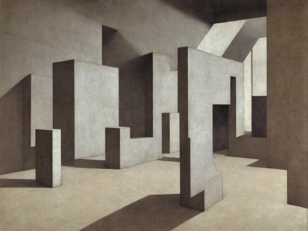 Prompt: Brutalist impossible space, marble sculptor artist Brancusi studio. Painting by Vilhelm Hammershoi, Piero della Francesca, Escher