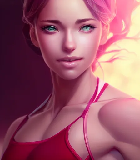 Image similar to beautiful portrait of a gorgeous personal trainer who looks like PhRh , character design by charlie bowater, ross tran, artgerm, and makoto shinkai, detailed, soft lighting, rendered in octane