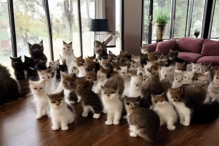 Prompt: a living room full of cute kittens that are all sitting positioned facing directly at the camera and all of the kittens are looking directly into the camera