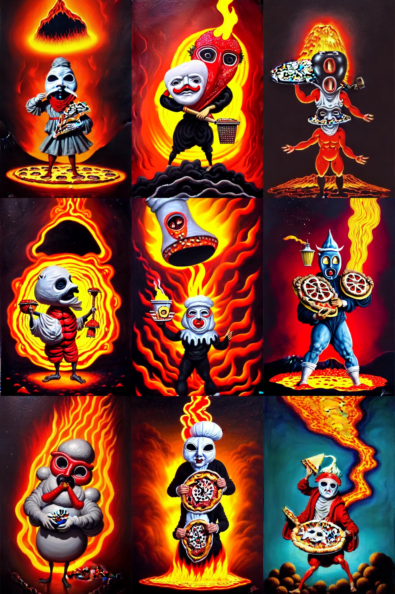 Image similar to an extremely detailed pulcinella like character wearing a mask holding a large pizza in front of a volcano spewing lava and black smoke, from below, streams of glowing hot lava, flashes of lightning in the distance, wide shot, long shot, an ultrafine detailed painting by joe fenton, deviantart, pop surrealism, whimsical