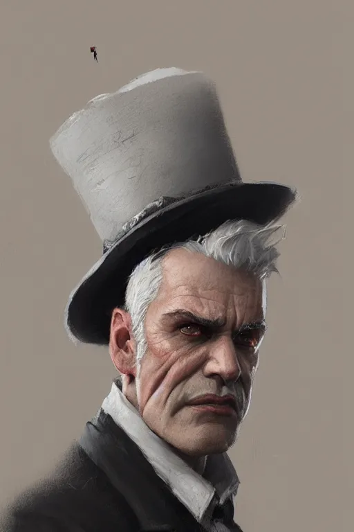 Image similar to a grey hair ageing halfling with stubble top hat and suit by Greg Rutkowski, painting, HD, high details, trending on artstation