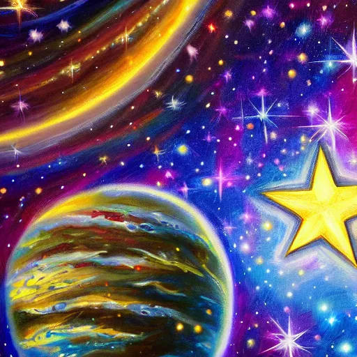 Prompt: highly detailed 4k painting of shining star with universe and lots of stars in the background